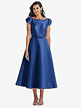 Side View Thumbnail - Classic Blue Puff Sleeve Bow-Waist Full Skirt Satin Midi Dress