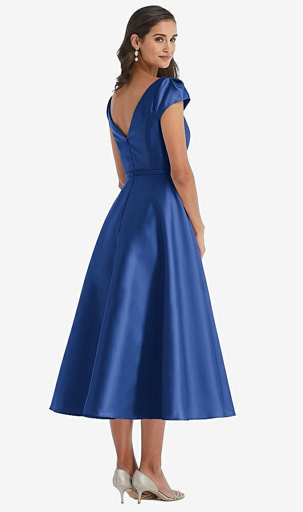 Back View - Classic Blue Puff Sleeve Bow-Waist Full Skirt Satin Midi Dress