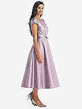 Front View Thumbnail - Suede Rose Puff Sleeve Bow-Waist Full Skirt Satin Midi Dress