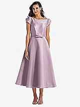 Side View Thumbnail - Suede Rose Puff Sleeve Bow-Waist Full Skirt Satin Midi Dress