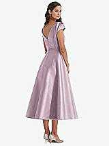 Rear View Thumbnail - Suede Rose Puff Sleeve Bow-Waist Full Skirt Satin Midi Dress
