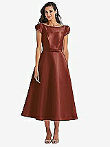 Side View Thumbnail - Auburn Moon Puff Sleeve Bow-Waist Full Skirt Satin Midi Dress