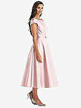 Front View Thumbnail - Ballet Pink Puff Sleeve Bow-Waist Full Skirt Satin Midi Dress
