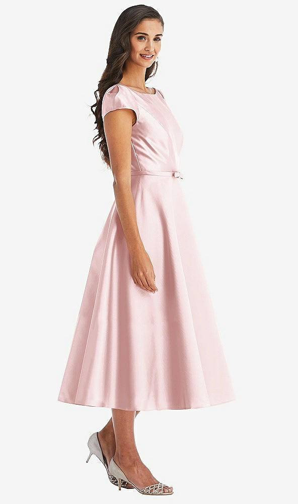 Front View - Ballet Pink Puff Sleeve Bow-Waist Full Skirt Satin Midi Dress