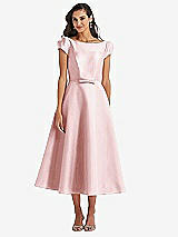 Side View Thumbnail - Ballet Pink Puff Sleeve Bow-Waist Full Skirt Satin Midi Dress