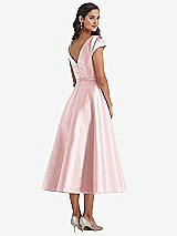 Rear View Thumbnail - Ballet Pink Puff Sleeve Bow-Waist Full Skirt Satin Midi Dress