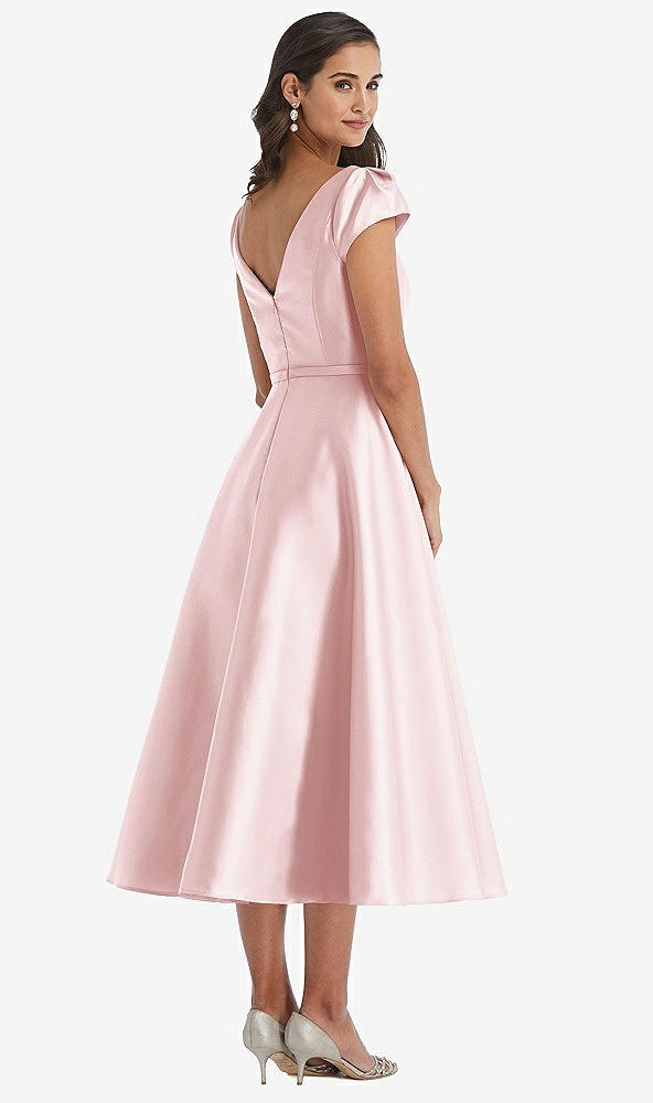 Back View - Ballet Pink Puff Sleeve Bow-Waist Full Skirt Satin Midi Dress