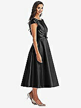 Front View Thumbnail - Black Puff Sleeve Bow-Waist Full Skirt Satin Midi Dress