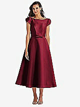 Side View Thumbnail - Burgundy Puff Sleeve Bow-Waist Full Skirt Satin Midi Dress