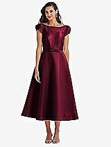 Side View Thumbnail - Cabernet Puff Sleeve Bow-Waist Full Skirt Satin Midi Dress