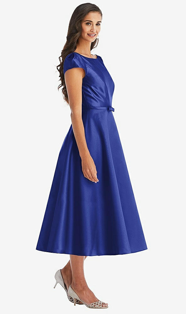 Front View - Cobalt Blue Puff Sleeve Bow-Waist Full Skirt Satin Midi Dress