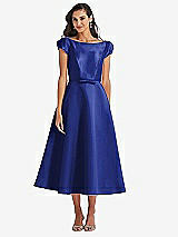 Side View Thumbnail - Cobalt Blue Puff Sleeve Bow-Waist Full Skirt Satin Midi Dress