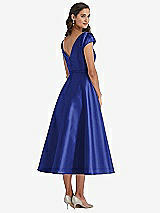 Rear View Thumbnail - Cobalt Blue Puff Sleeve Bow-Waist Full Skirt Satin Midi Dress
