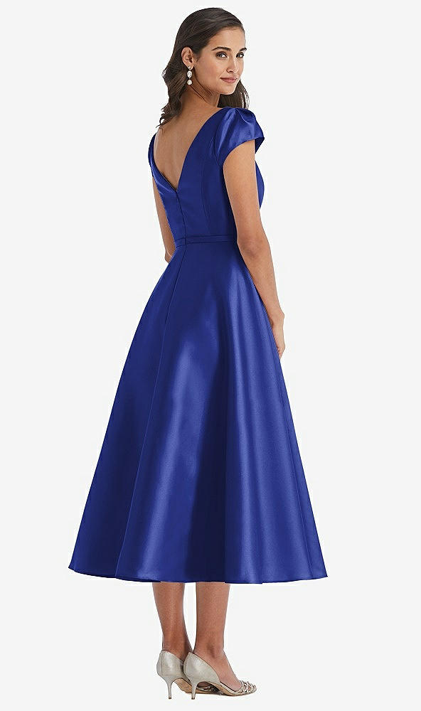 Back View - Cobalt Blue Puff Sleeve Bow-Waist Full Skirt Satin Midi Dress