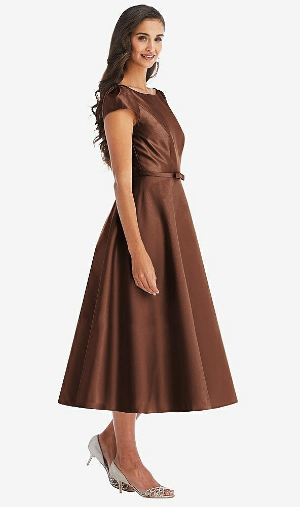 Front View - Cognac Puff Sleeve Bow-Waist Full Skirt Satin Midi Dress