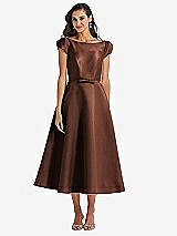 Side View Thumbnail - Cognac Puff Sleeve Bow-Waist Full Skirt Satin Midi Dress