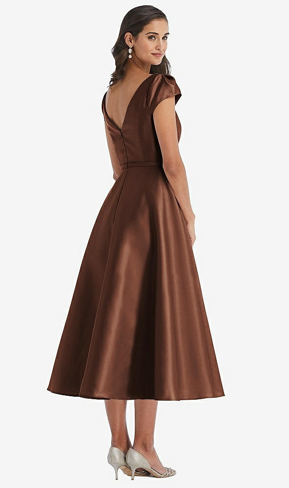 Back View - Cognac Puff Sleeve Bow-Waist Full Skirt Satin Midi Dress