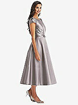 Front View Thumbnail - Cashmere Gray Puff Sleeve Bow-Waist Full Skirt Satin Midi Dress