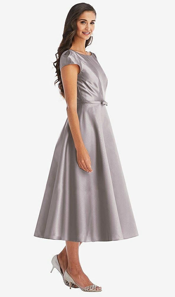 Front View - Cashmere Gray Puff Sleeve Bow-Waist Full Skirt Satin Midi Dress