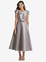 Side View Thumbnail - Cashmere Gray Puff Sleeve Bow-Waist Full Skirt Satin Midi Dress
