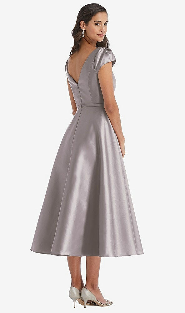 Back View - Cashmere Gray Puff Sleeve Bow-Waist Full Skirt Satin Midi Dress