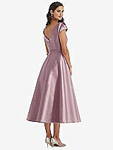 Rear View Thumbnail - Dusty Rose Puff Sleeve Bow-Waist Full Skirt Satin Midi Dress