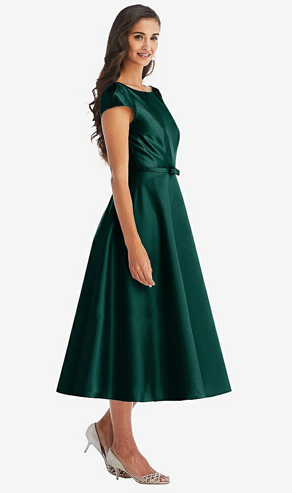 Front View - Evergreen Puff Sleeve Bow-Waist Full Skirt Satin Midi Dress