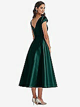 Rear View Thumbnail - Evergreen Puff Sleeve Bow-Waist Full Skirt Satin Midi Dress