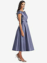 Front View Thumbnail - French Blue Puff Sleeve Bow-Waist Full Skirt Satin Midi Dress