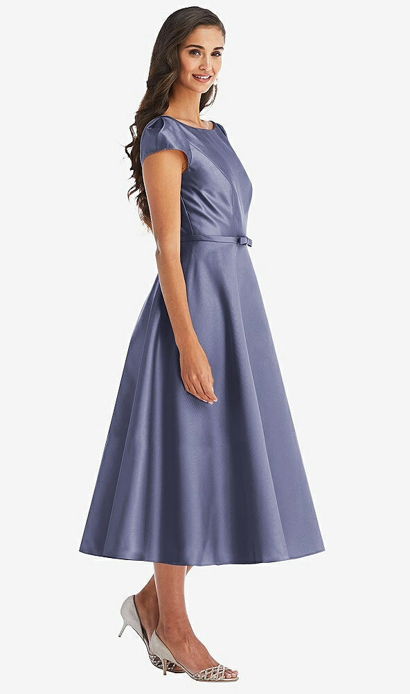 Front View - French Blue Puff Sleeve Bow-Waist Full Skirt Satin Midi Dress