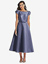 Side View Thumbnail - French Blue Puff Sleeve Bow-Waist Full Skirt Satin Midi Dress