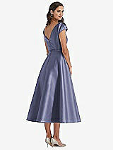 Rear View Thumbnail - French Blue Puff Sleeve Bow-Waist Full Skirt Satin Midi Dress