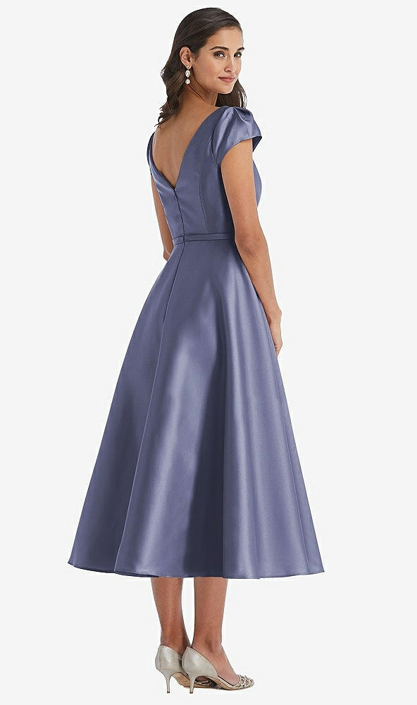 Back View - French Blue Puff Sleeve Bow-Waist Full Skirt Satin Midi Dress