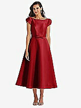 Side View Thumbnail - Garnet Puff Sleeve Bow-Waist Full Skirt Satin Midi Dress