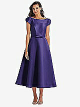 Side View Thumbnail - Grape Puff Sleeve Bow-Waist Full Skirt Satin Midi Dress