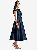 Front View Thumbnail - Midnight Navy Puff Sleeve Bow-Waist Full Skirt Satin Midi Dress
