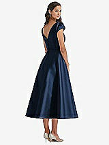 Rear View Thumbnail - Midnight Navy Puff Sleeve Bow-Waist Full Skirt Satin Midi Dress