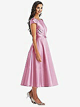 Front View Thumbnail - Powder Pink Puff Sleeve Bow-Waist Full Skirt Satin Midi Dress