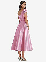 Rear View Thumbnail - Powder Pink Puff Sleeve Bow-Waist Full Skirt Satin Midi Dress