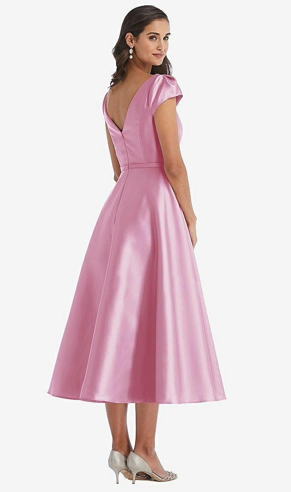 Back View - Powder Pink Puff Sleeve Bow-Waist Full Skirt Satin Midi Dress