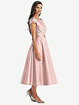 Front View Thumbnail - Rose - PANTONE Rose Quartz Puff Sleeve Bow-Waist Full Skirt Satin Midi Dress