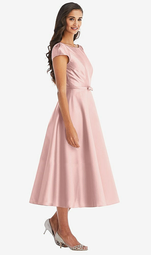 Front View - Rose - PANTONE Rose Quartz Puff Sleeve Bow-Waist Full Skirt Satin Midi Dress