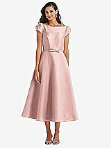 Side View Thumbnail - Rose - PANTONE Rose Quartz Puff Sleeve Bow-Waist Full Skirt Satin Midi Dress