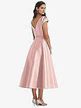 Rear View Thumbnail - Rose - PANTONE Rose Quartz Puff Sleeve Bow-Waist Full Skirt Satin Midi Dress