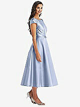 Front View Thumbnail - Sky Blue Puff Sleeve Bow-Waist Full Skirt Satin Midi Dress