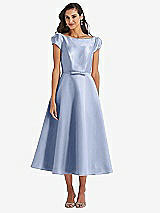 Side View Thumbnail - Sky Blue Puff Sleeve Bow-Waist Full Skirt Satin Midi Dress