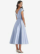 Rear View Thumbnail - Sky Blue Puff Sleeve Bow-Waist Full Skirt Satin Midi Dress