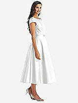 Front View Thumbnail - White Puff Sleeve Bow-Waist Full Skirt Satin Midi Dress