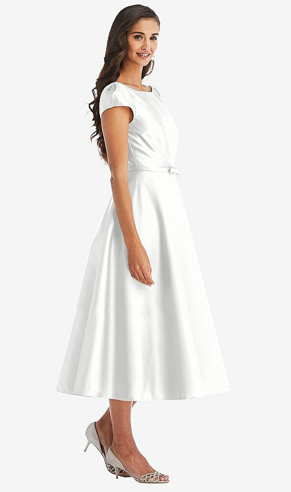 Front View - White Puff Sleeve Bow-Waist Full Skirt Satin Midi Dress