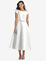Side View Thumbnail - White Puff Sleeve Bow-Waist Full Skirt Satin Midi Dress